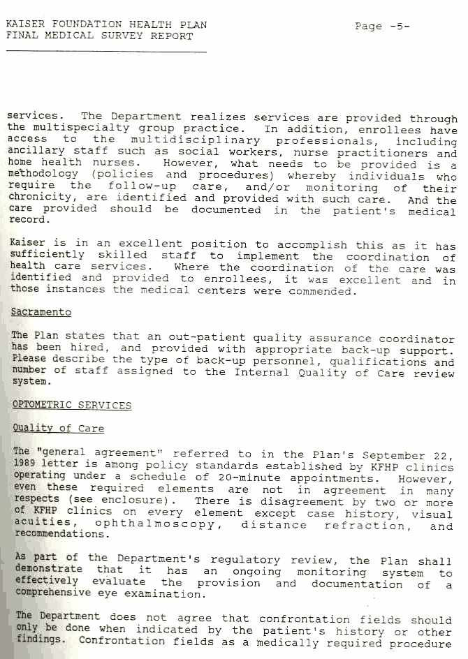 Kaiser Permanente Final Medical Survey Report - 1989 California Department of Corporations