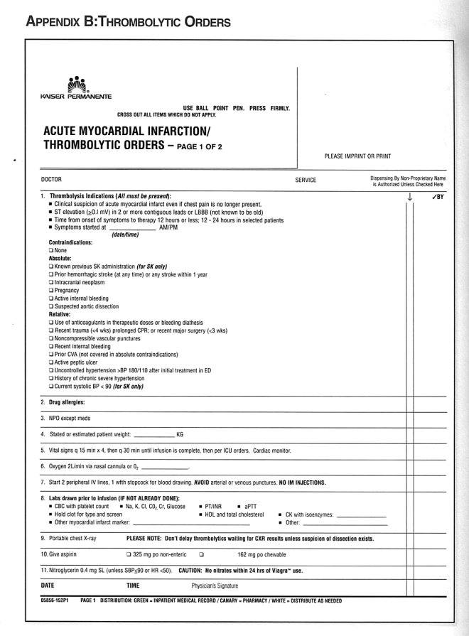 Kaiser Permanente Acute Myocardial Infarction/Thrombolytic Orders - page 1 of 2