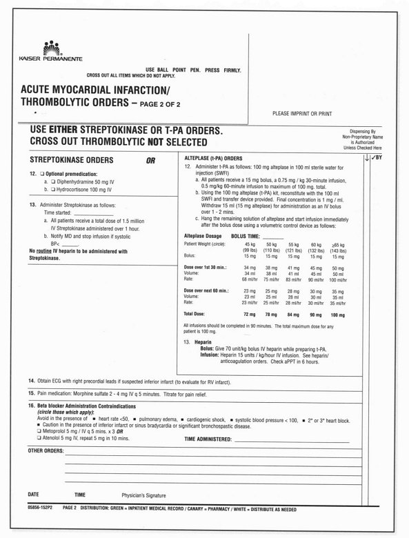 Kaiser Permanente Acute Myocardial Infaction Thromobolytic Orders Page 2 of 2