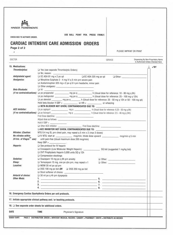 Kaiser Permanente Cardiac Intensive Care Admission Orders Page 2 of 2