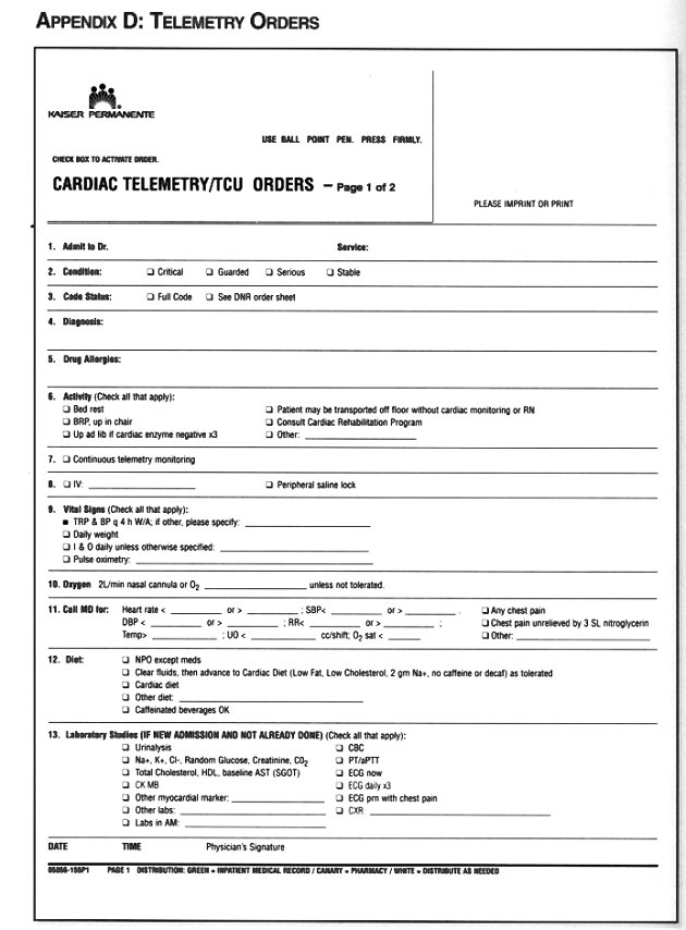 Kaiser Permanente Cardiac Telemetry/TCU Orders - page 1 of 2