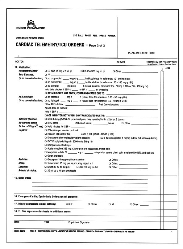 Kaiser Permanente Cardiac Telemetry/TCU Orders page 2 of 2