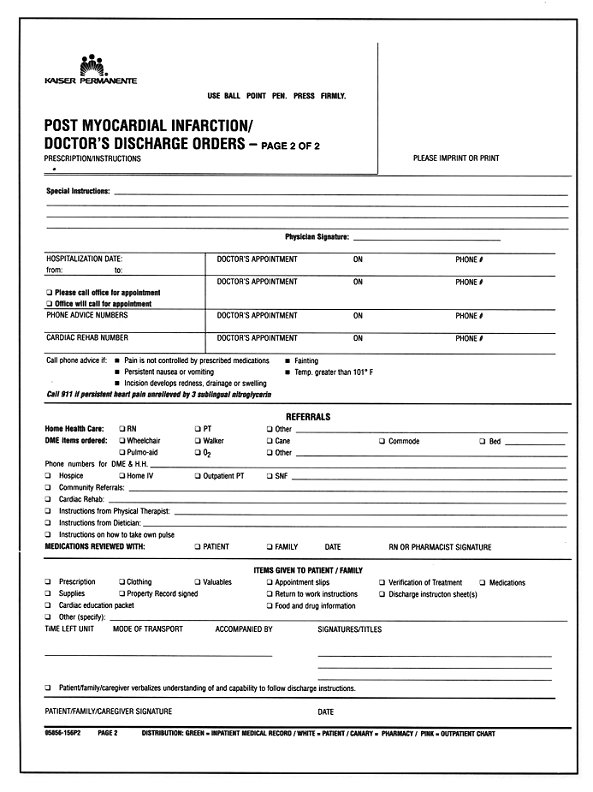 Kaiser Permanente Post Myocardial Infarction/Doctor's Discharge Orders - page 2 of 2