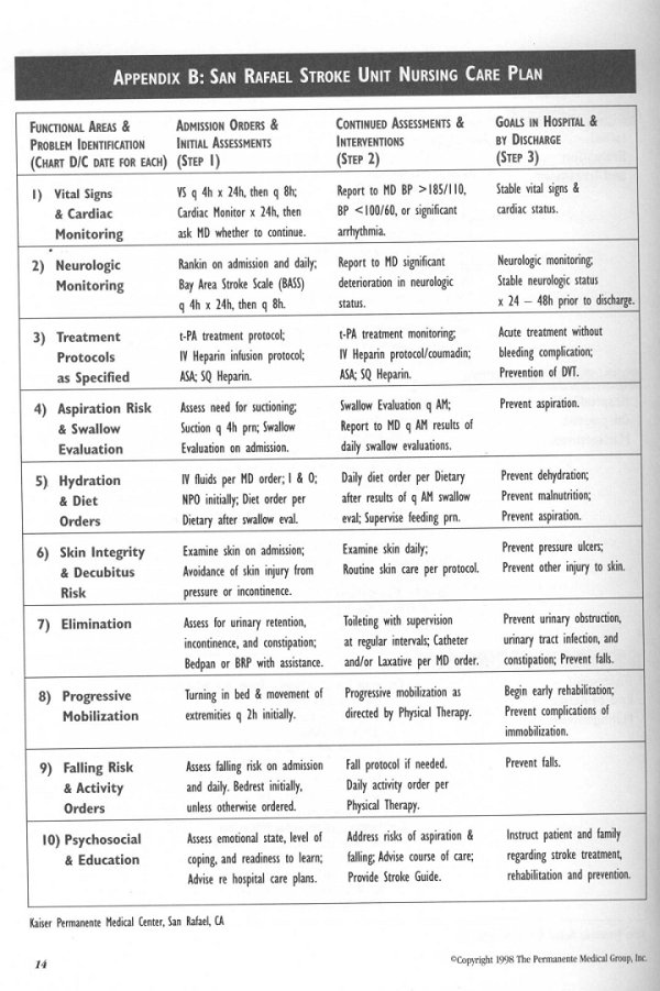 Kaiser Permanente Appendix B:San Rafael Stroke Unit Nursing Care Plan