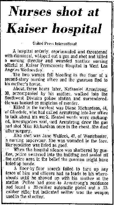 May 1, 1975 - Nurses shot at Kaiser West Los Angeles hospital