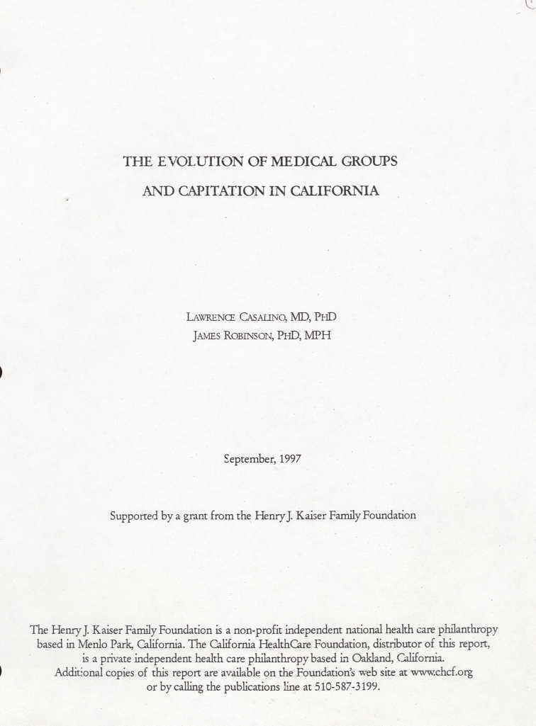 Cover and page II of The Evolution of Medical Groups and Capitation in California