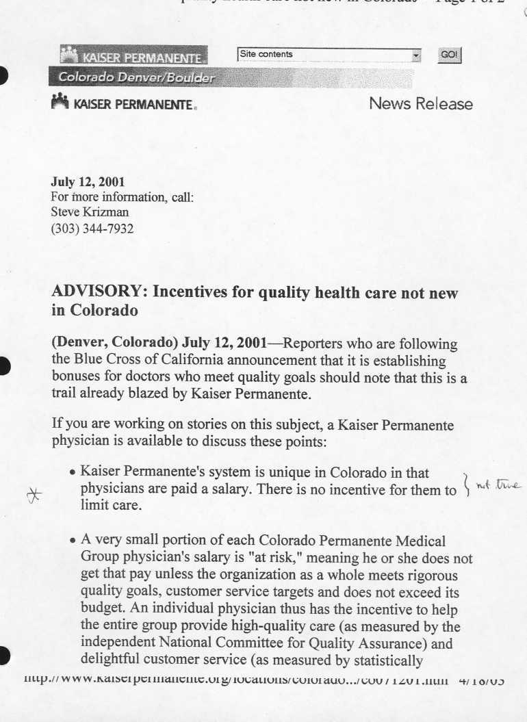 Kaiser Colorado Spin on Physician Incentives