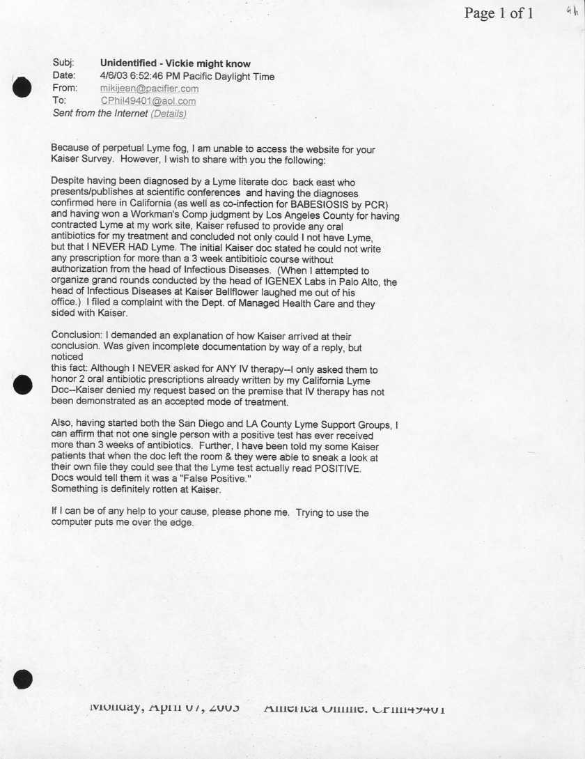 Kaiser Permanente Lyme Disease Patient Letter