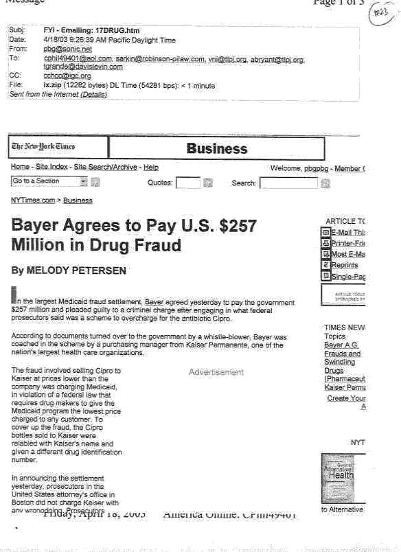 Bayer/Kaiser Fraud - Scheming to Defraud the Government on Cipro 1