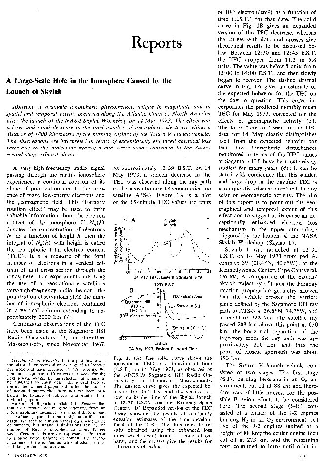 A large scale hole in the Ionosphere caused by the launch of Skylab