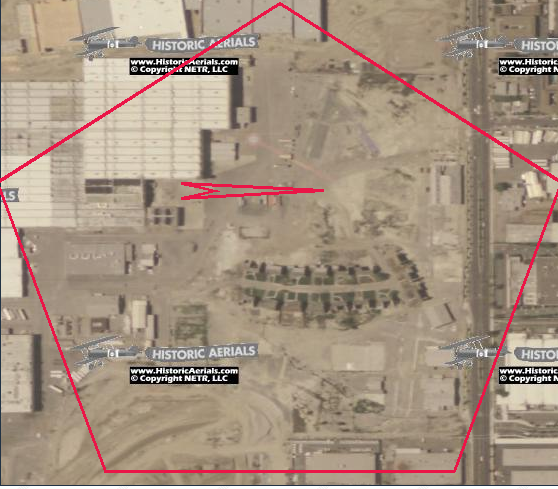 Historical aerial photograph from 2005 showing the location of the Suburban Street movie set and the impacted Chromium contaminated soil at the end of the helio pad at 12214 Lakewood Blvd., Downey, California, Downey Studios, Downey, Landing and north a few hundred feet of the Kaiser facility.