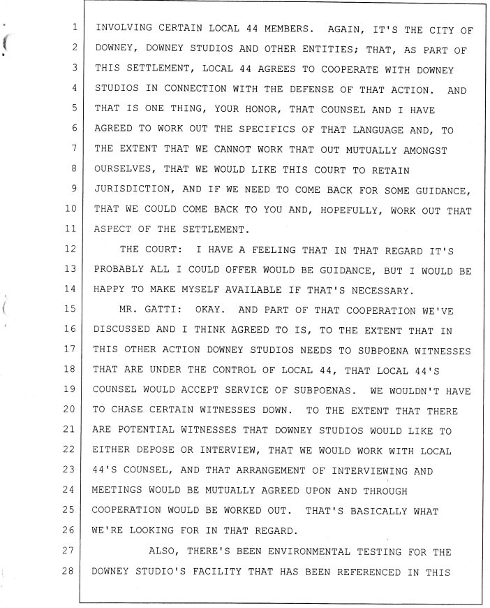 Downey Studios LLC vs International Alliance of Theatrical Stage Employees, International, International Alliance of Theatrical Stage Employees,Local 44, and Ronnie Cunningham, an individual and does 1 to 100, inclusive VC045585 .