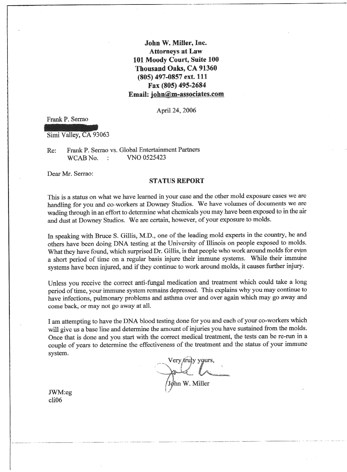 Letter from Attorney John W. Miller admitting employees illnesses are directly related to contamination at Downey Studios.