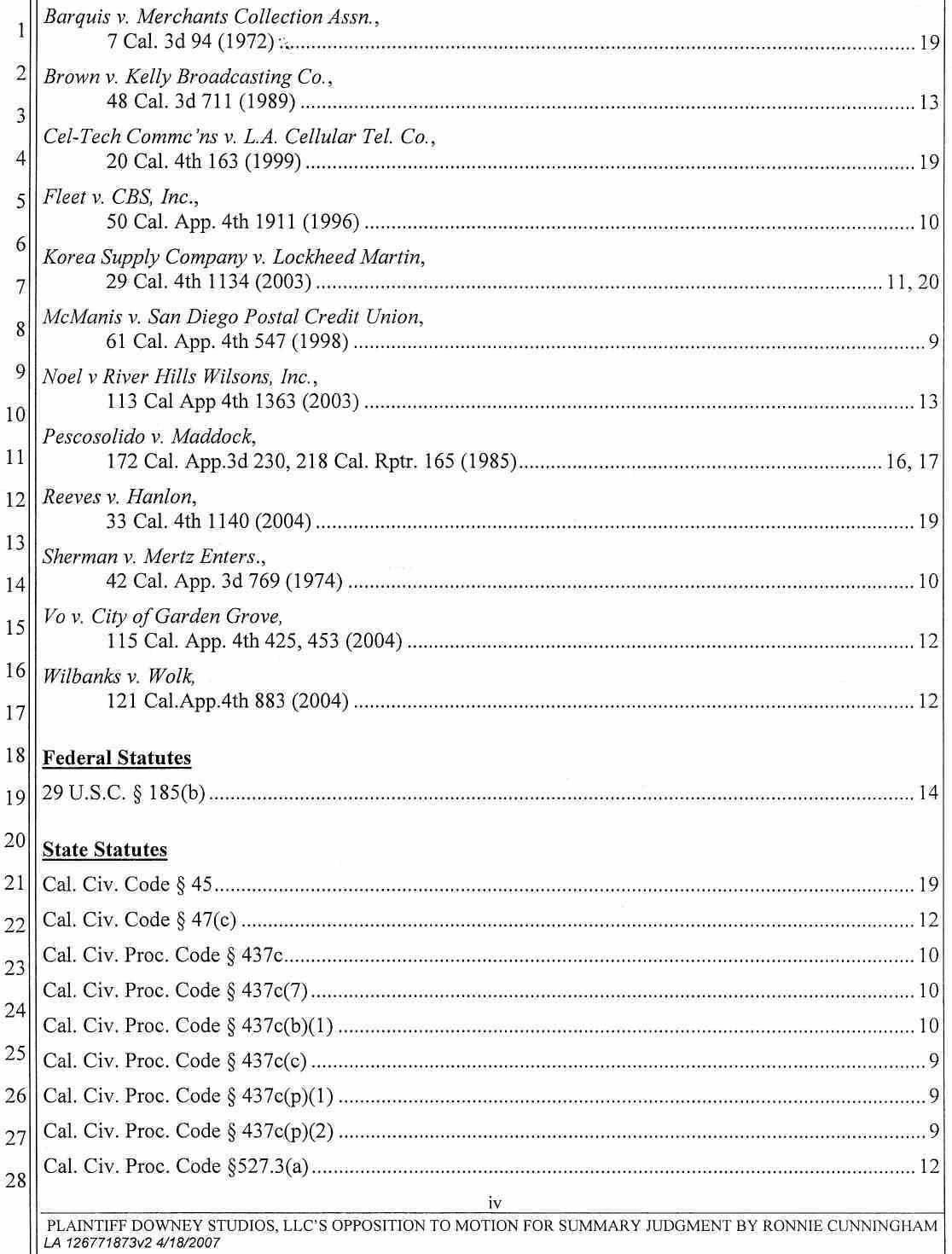 Plaintiff Downey Studios, LLC's Opposition to Ronnie Cunningham's Motion for Summary Judgment or, in the Alternative Summary or, in the Alternative Summary Adjudication April 25, 2007