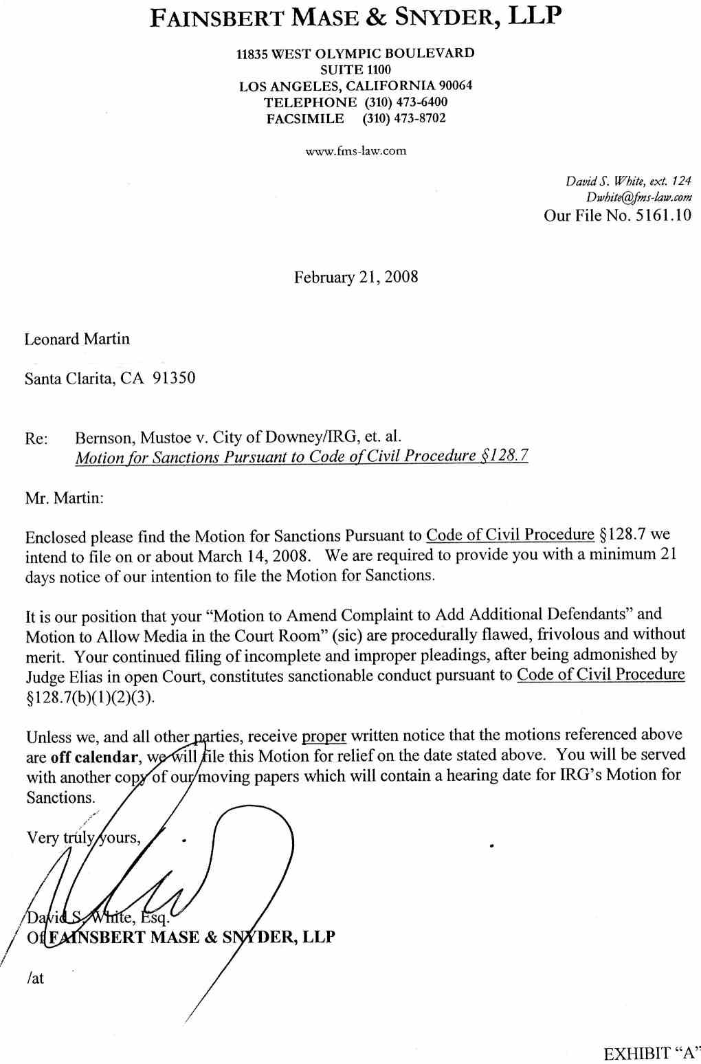 Letter from David S. White to Leonard Martin February 21, 2008