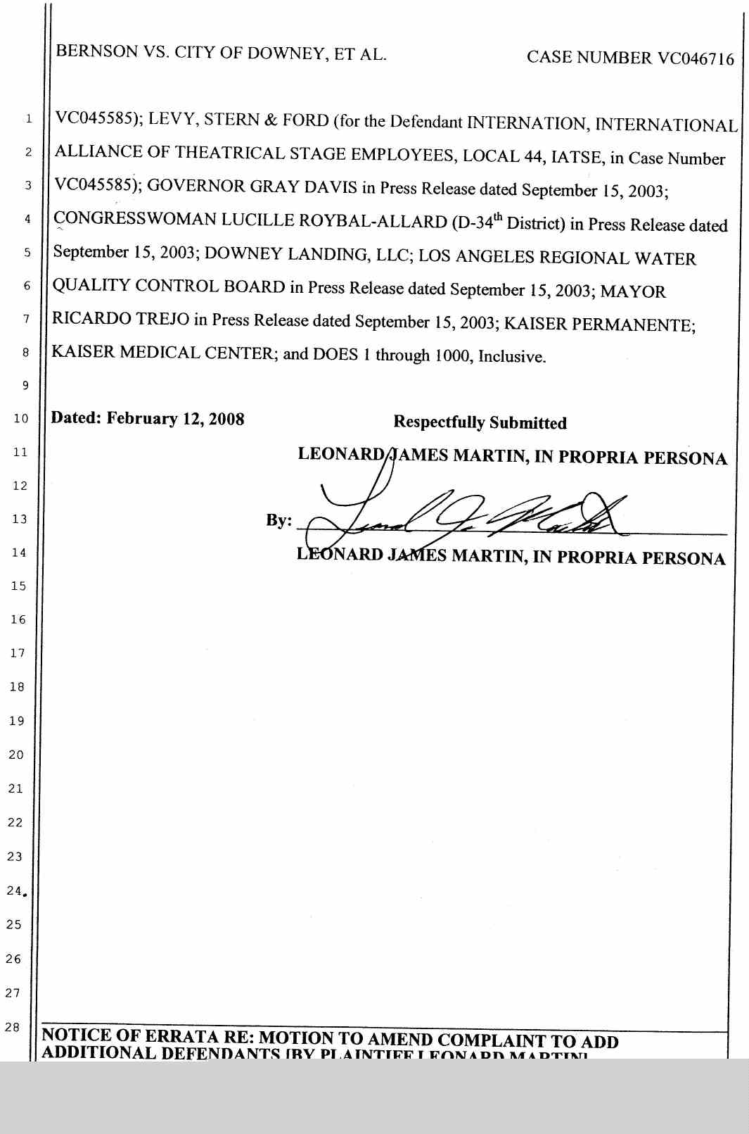 Motion to Amend complaint to add additional Defendants by Plaintiff Leonard Martin March 26, 2008