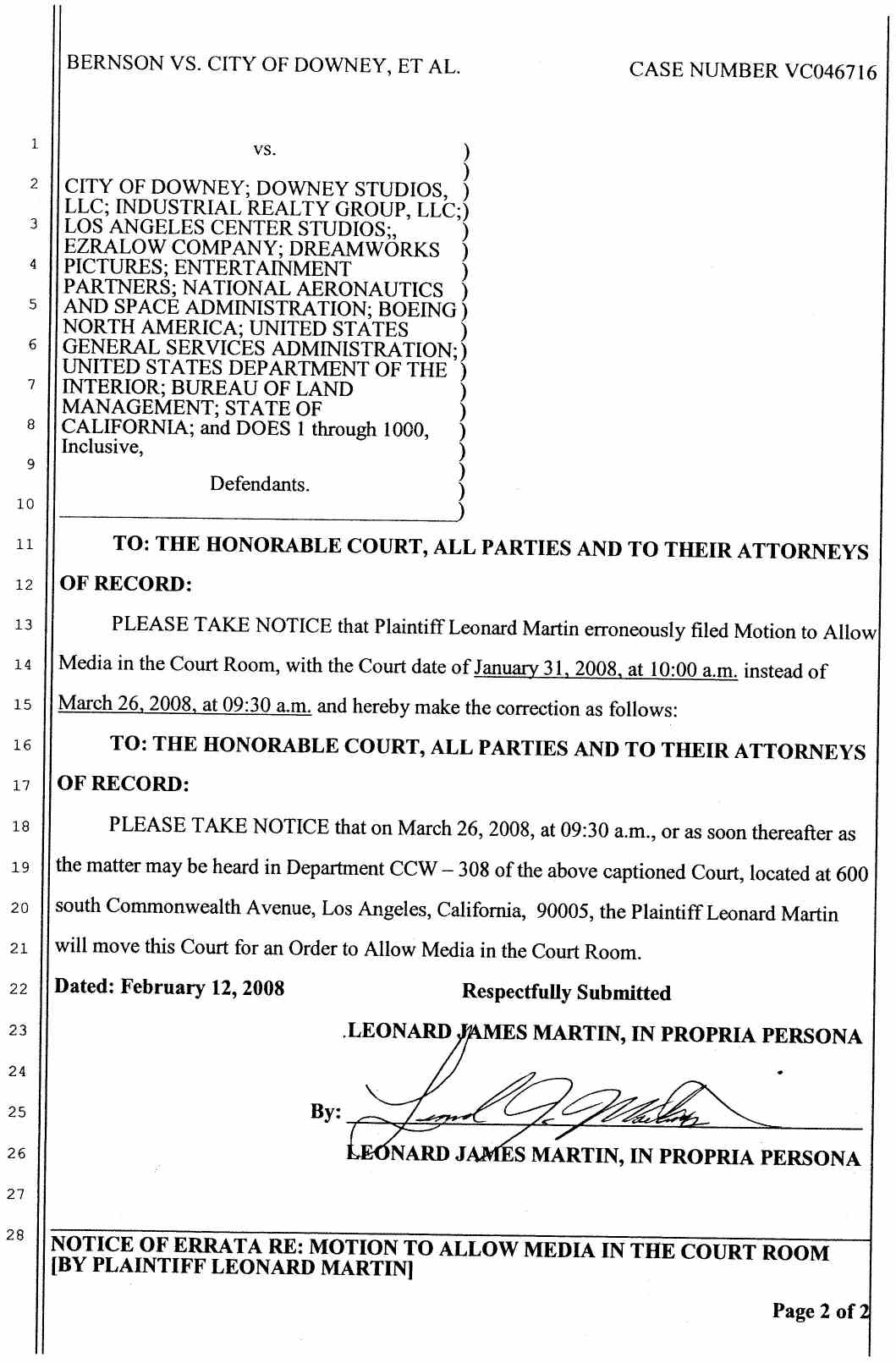 VC046716 Motion to Allow Media in the Court Room by Plaintiff Leonard Martin January 31, 2008