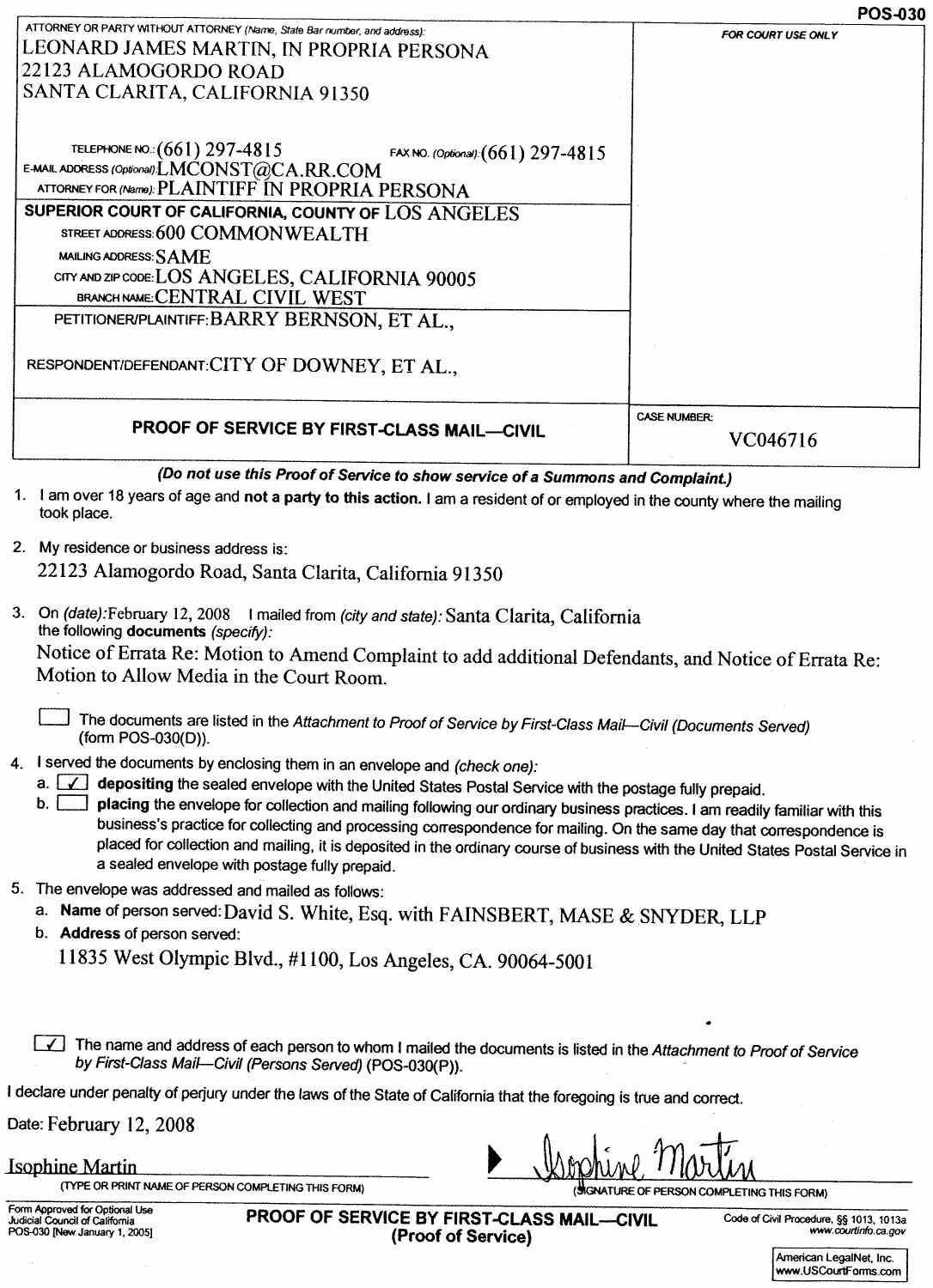 VC046716 Motion to Allow Media in the Court Room by Plaintiff Leonard Martin January 31, 2008