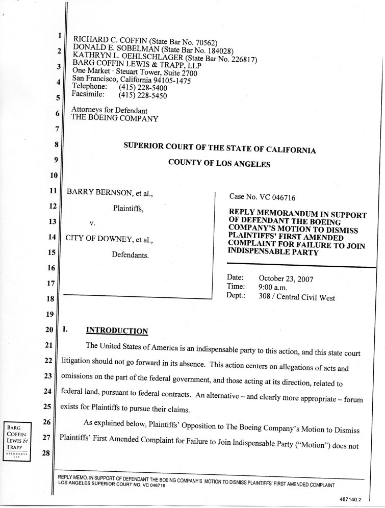 Reply Memorandum in Support of Defendant the Boeing Company's Motion to Dismiss Plaintiff's First Amended Complaint for Failure to Join Indispensable Party