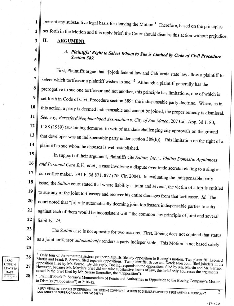 Reply Memorandum in Support of Defendant the Boeing Company's Motion to Dismiss Plaintiff's First Amended Complaint for Failure to Join Indispensable Party