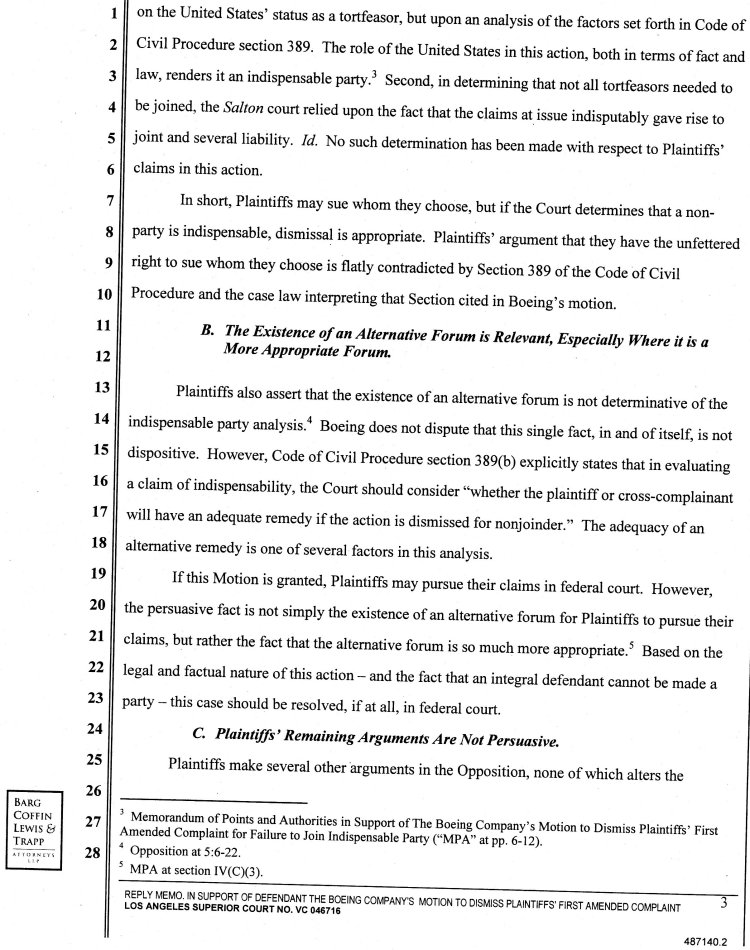 Reply Memorandum in Support of Defendant the Boeing Company's Motion to Dismiss Plaintiff's First Amended Complaint for Failure to Join Indispensable Party