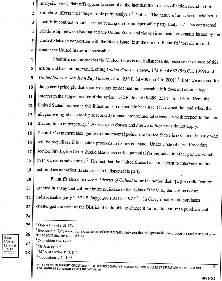 Reply Memorandum in Support of Defendant the Boeing Company's Motion to Dismiss Plaintiff's First Amended Complaint for Failure to Join Indispensable Party