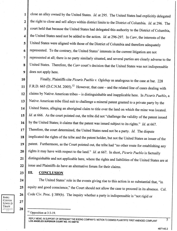 Reply Memorandum in Support of Defendant the Boeing Company's Motion to Dismiss Plaintiff's First Amended Complaint for Failure to Join Indispensable Party