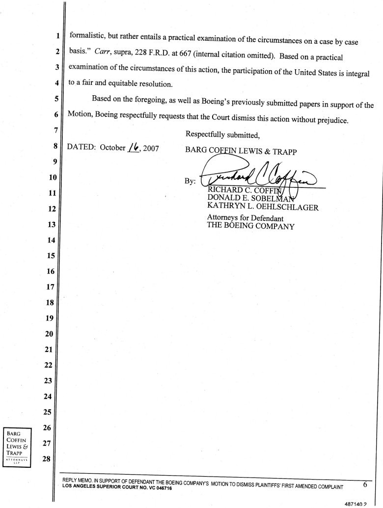 Reply Memorandum in Support of Defendant the Boeing Company's Motion to Dismiss Plaintiff's First Amended Complaint for Failure to Join Indispensable Party