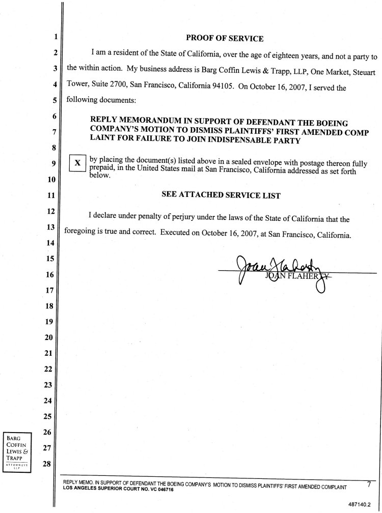 Reply Memorandum in Support of Defendant the Boeing Company's Motion to Dismiss Plaintiff's First Amended Complaint for Failure to Join Indispensable Party