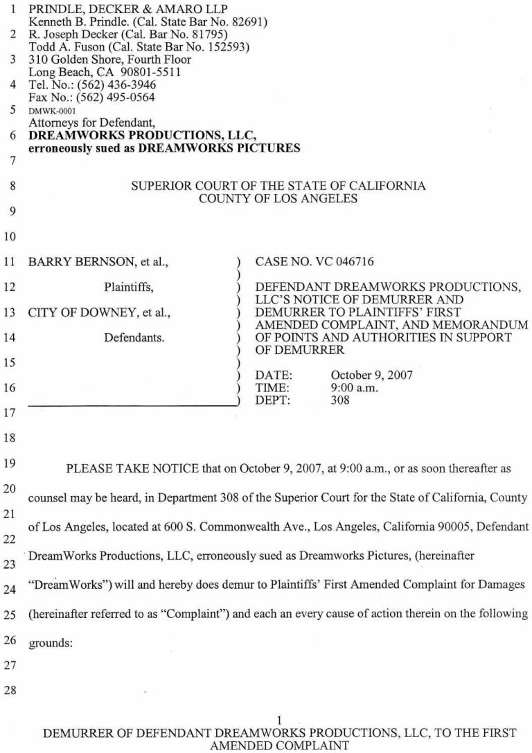 Case No. VC 046716 Defendant Dreamworks Productions, LLC's Notice of Demurrer and Demurrer to Plaintiffs' First Amended Complaint, and Memorandum of Points and Authorities in Support of Demurrer - October 9, 2007