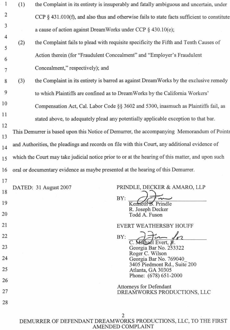 Case No. VC 046716 Defendant Dreamworks Productions, LLC's Notice of Demurrer and Demurrer to Plaintiffs' First Amended Complaint, and Memorandum of Points and Authorities in Support of Demurrer - October 9, 2007