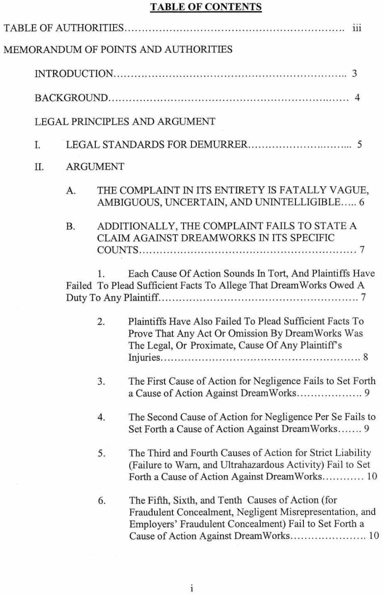 Case No. VC 046716 Defendant Dreamworks Productions, LLC's Notice of Demurrer and Demurrer to Plaintiffs' First Amended Complaint, and Memorandum of Points and Authorities in Support of Demurrer - October 9, 2007