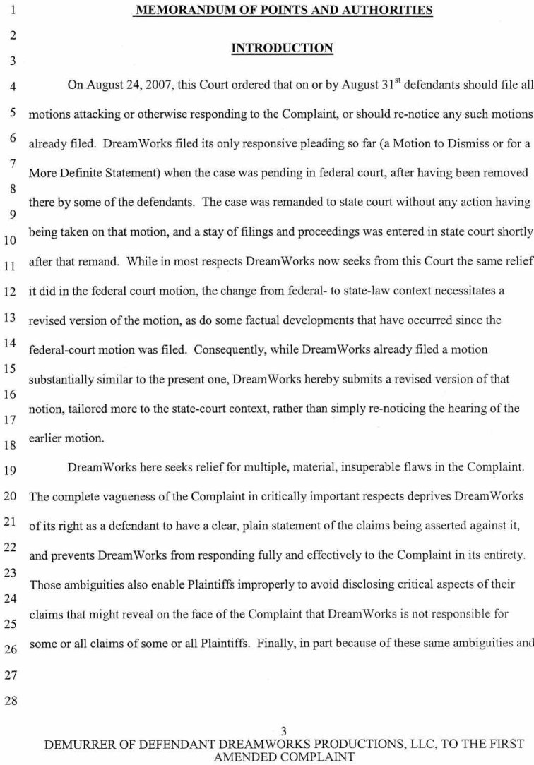 Case No. VC 046716 Defendant Dreamworks Productions, LLC's Notice of Demurrer and Demurrer to Plaintiffs' First Amended Complaint, and Memorandum of Points and Authorities in Support of Demurrer - October 9, 2007