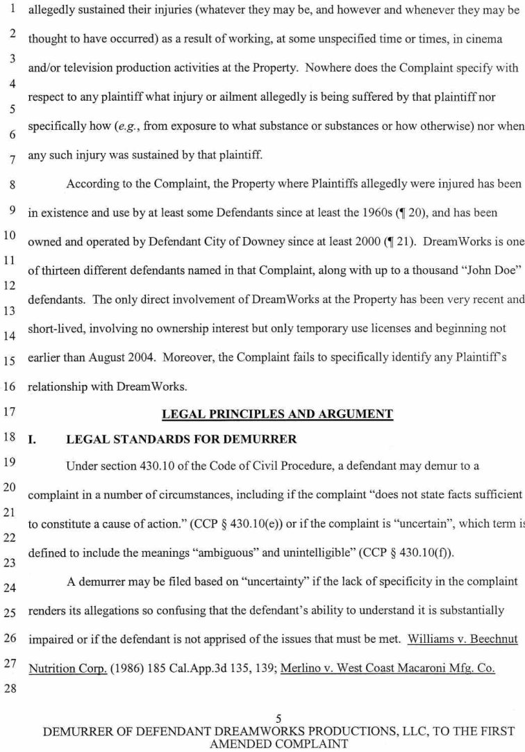 Case No. VC 046716 Defendant Dreamworks Productions, LLC's Notice of Demurrer and Demurrer to Plaintiffs' First Amended Complaint, and Memorandum of Points and Authorities in Support of Demurrer - October 9, 2007