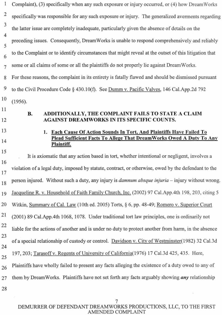 Case No. VC 046716 Defendant Dreamworks Productions, LLC's Notice of Demurrer and Demurrer to Plaintiffs' First Amended Complaint, and Memorandum of Points and Authorities in Support of Demurrer - October 9, 2007