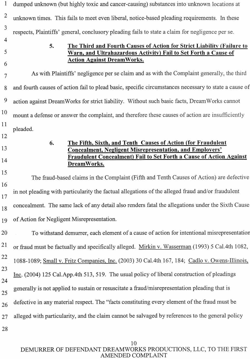 Case No. VC 046716 Defendant Dreamworks Productions, LLC's Notice of Demurrer and Demurrer to Plaintiffs' First Amended Complaint, and Memorandum of Points and Authorities in Support of Demurrer - October 9, 2007