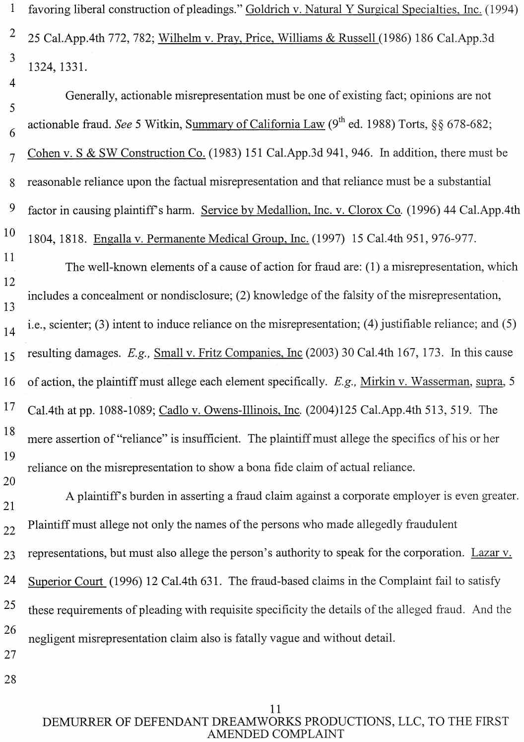 Case No. VC 046716 Defendant Dreamworks Productions, LLC's Notice of Demurrer and Demurrer to Plaintiffs' First Amended Complaint, and Memorandum of Points and Authorities in Support of Demurrer - October 9, 2007