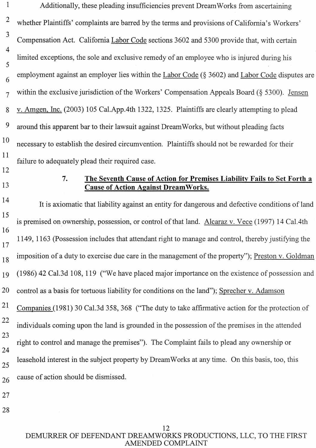 Case No. VC 046716 Defendant Dreamworks Productions, LLC's Notice of Demurrer and Demurrer to Plaintiffs' First Amended Complaint, and Memorandum of Points and Authorities in Support of Demurrer - October 9, 2007