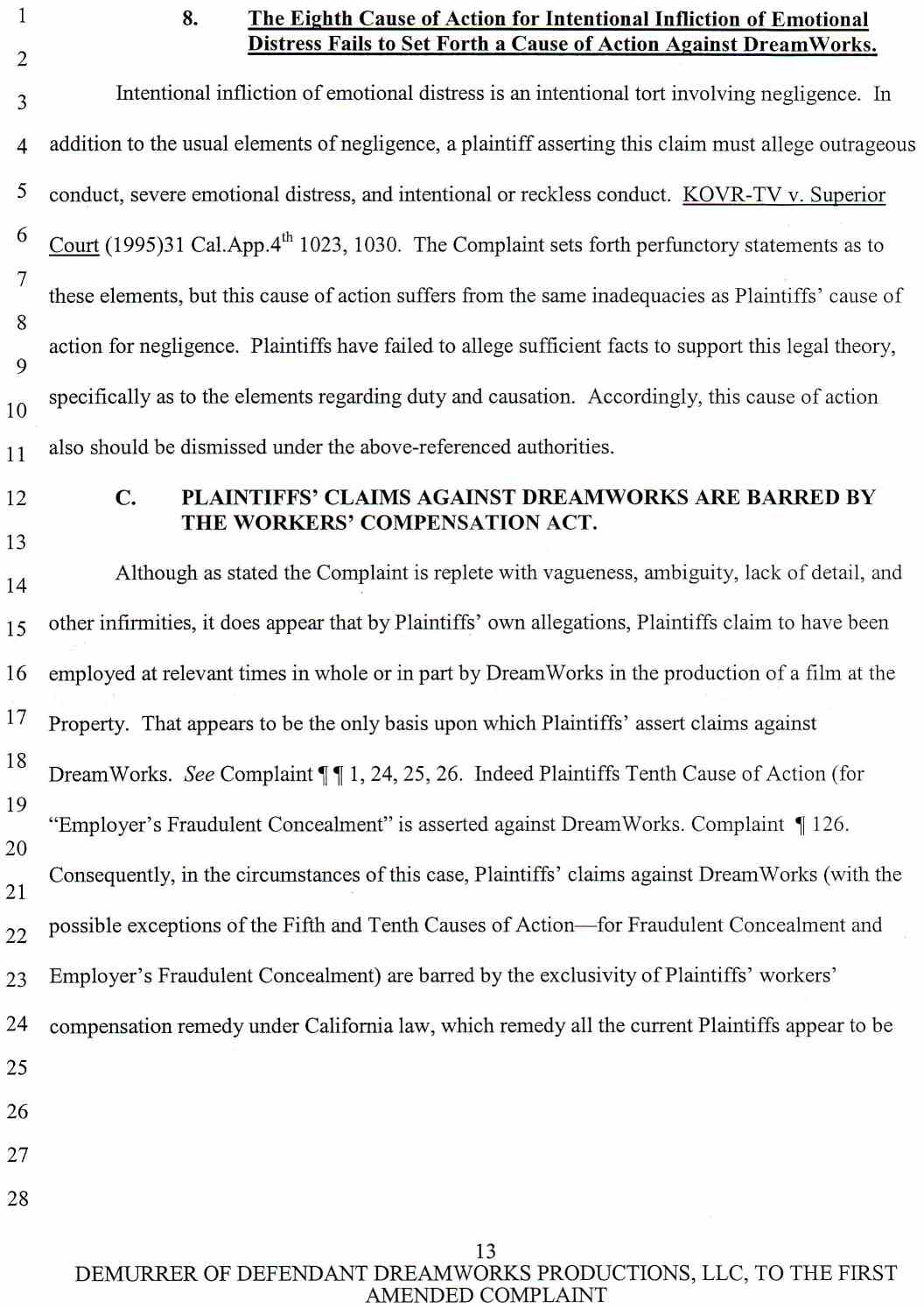 Case No. VC 046716 Defendant Dreamworks Productions, LLC's Notice of Demurrer and Demurrer to Plaintiffs' First Amended Complaint, and Memorandum of Points and Authorities in Support of Demurrer - October 9, 2007