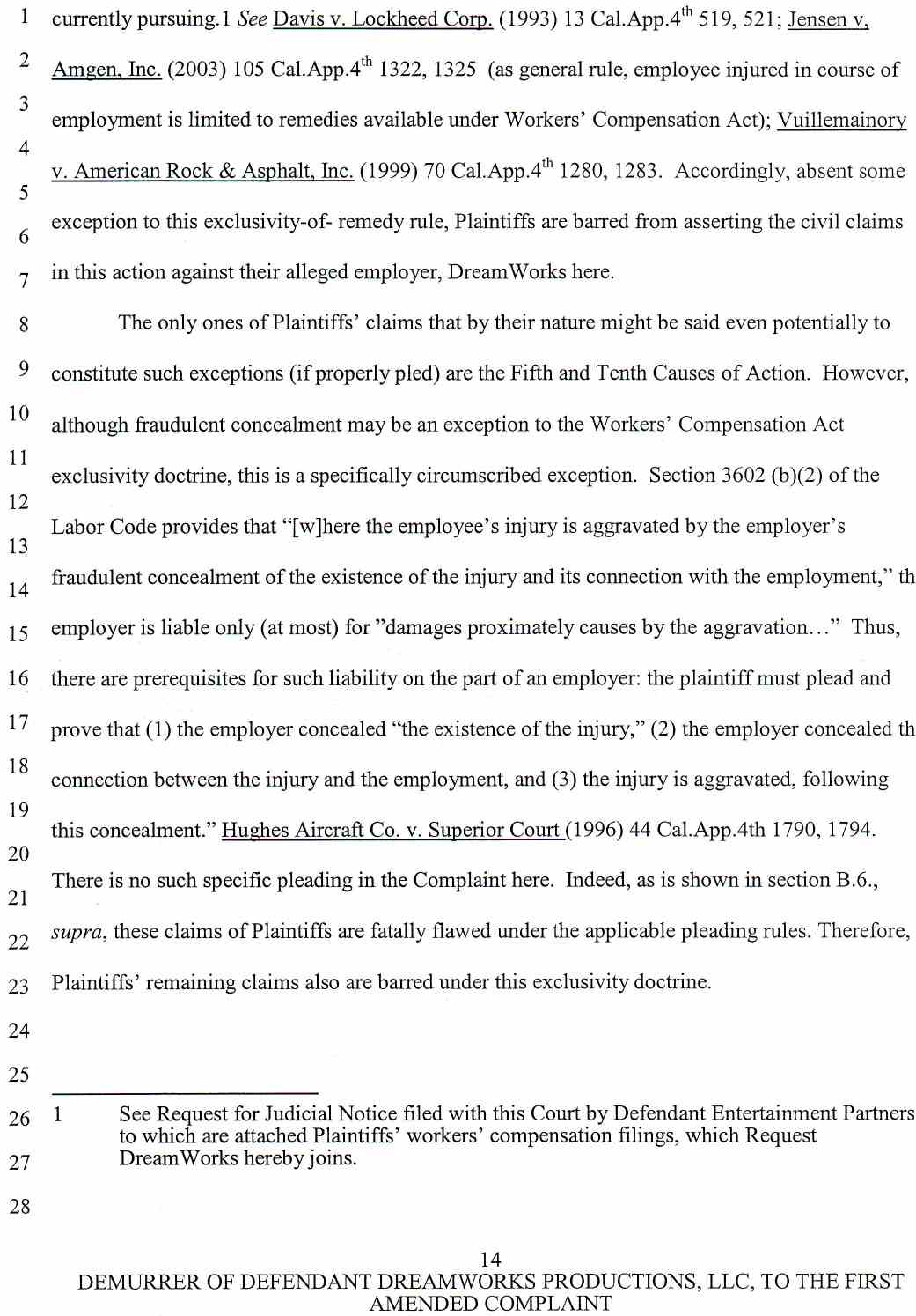 Case No. VC 046716 Defendant Dreamworks Productions, LLC's Notice of Demurrer and Demurrer to Plaintiffs' First Amended Complaint, and Memorandum of Points and Authorities in Support of Demurrer - October 9, 2007