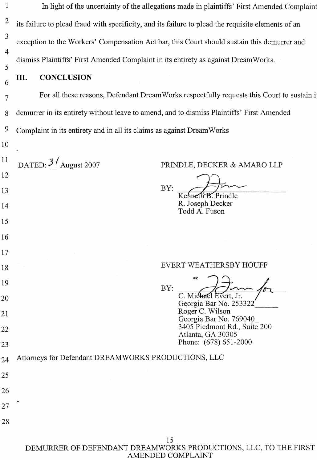 Case No. VC 046716 Defendant Dreamworks Productions, LLC's Notice of Demurrer and Demurrer to Plaintiffs' First Amended Complaint, and Memorandum of Points and Authorities in Support of Demurrer - October 9, 2007