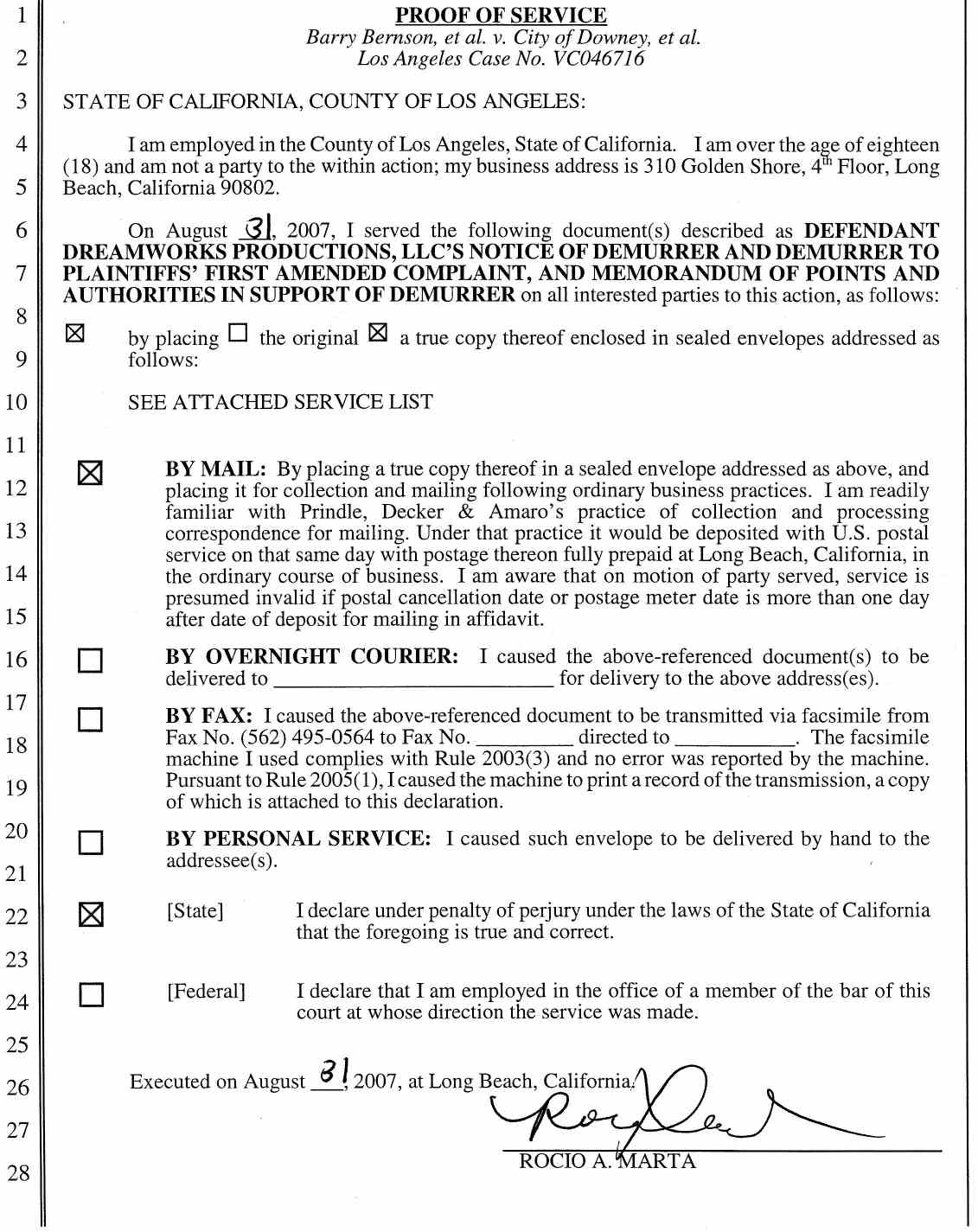 Case No. VC 046716 Defendant Dreamworks Productions, LLC's Notice of Demurrer and Demurrer to Plaintiffs' First Amended Complaint, and Memorandum of Points and Authorities in Support of Demurrer - October 9, 2007