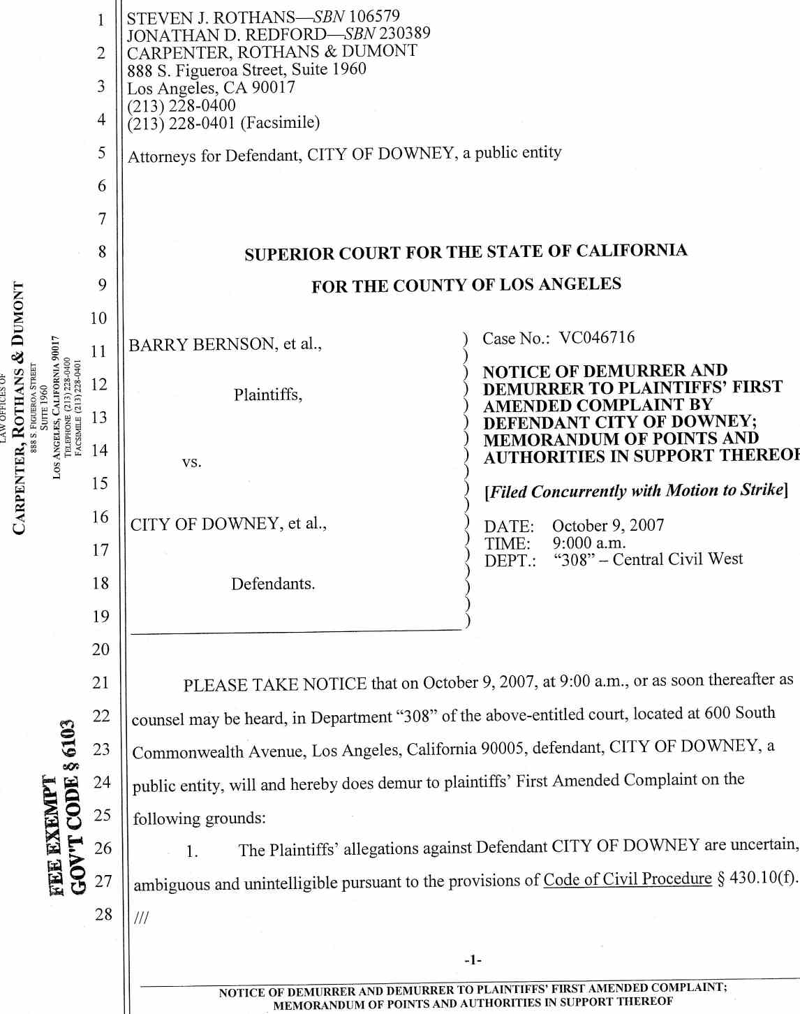 Notice of Demurrer and Demurrer to Plaintiffs' First Amended Complaint by Defendant City of Downey ;Memorandum of Points and Authorities in Support Thereof Case No.: VC046716