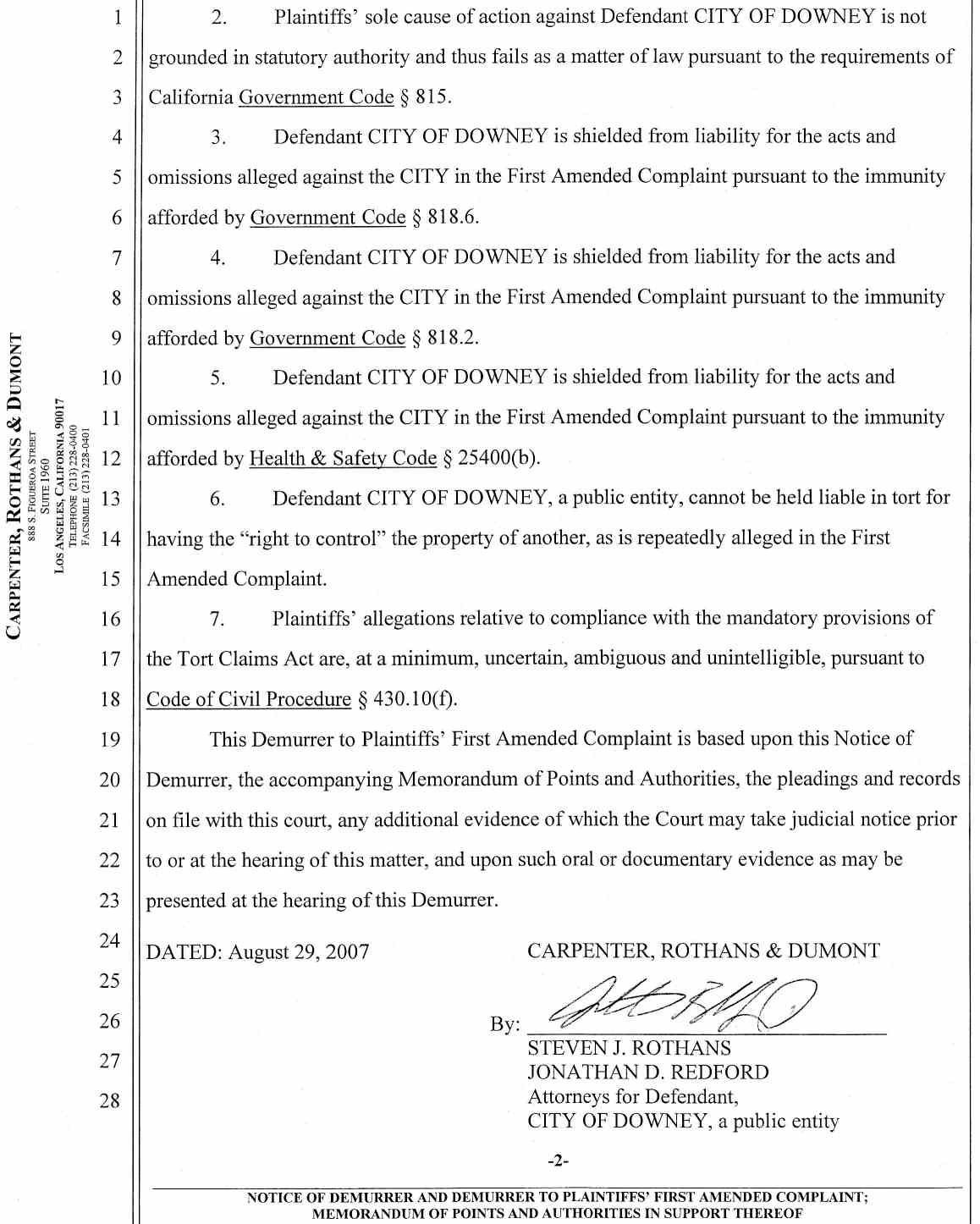 Notice of Demurrer and Demurrer to Plaintiffs' First Amended Complaint by Defendant City of Downey ;Memorandum of Points and Authorities in Support Thereof Case No.: VC046716