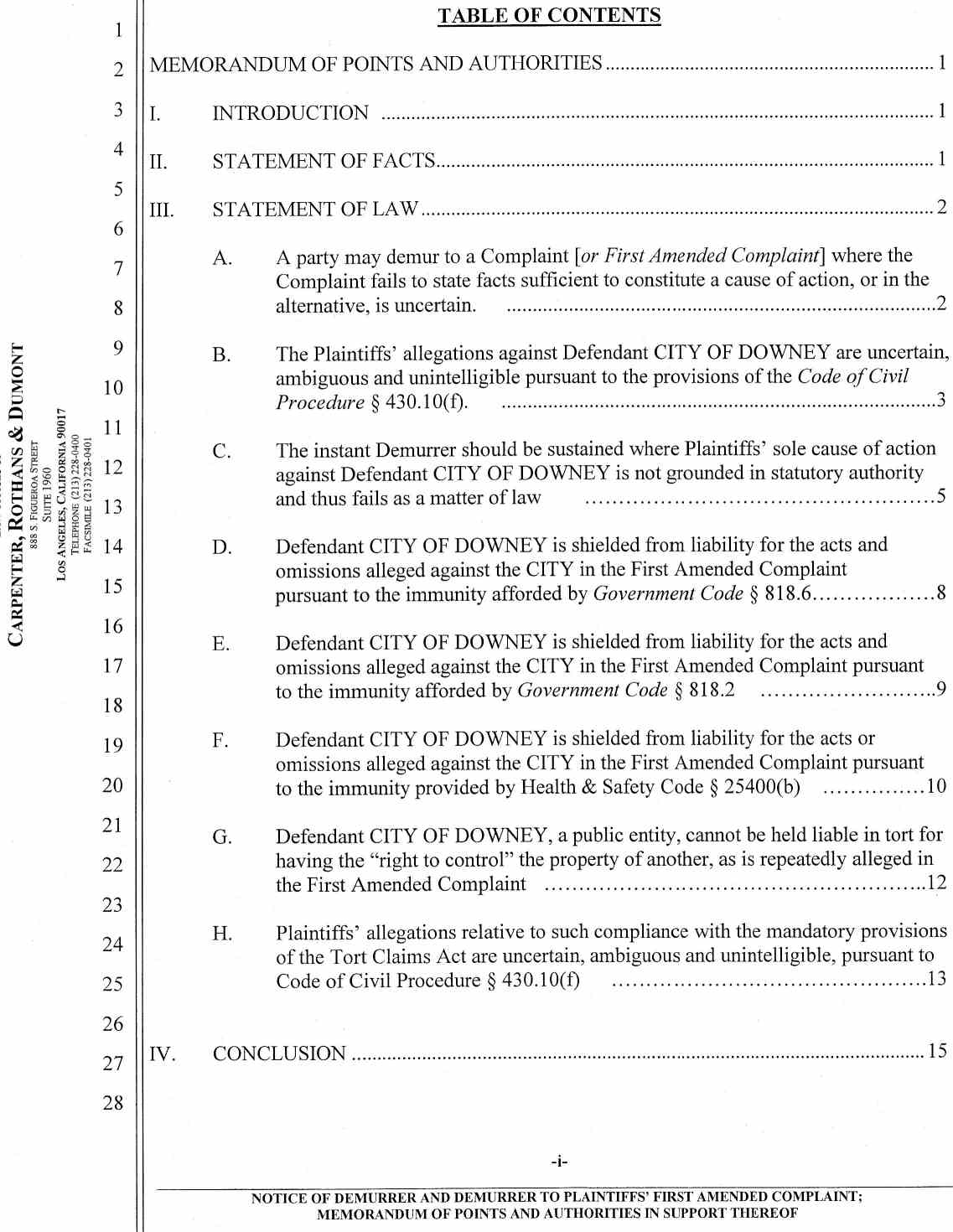 Notice of Demurrer and Demurrer to Plaintiffs' First Amended Complaint by Defendant City of Downey ;Memorandum of Points and Authorities in Support Thereof Case No.: VC046716