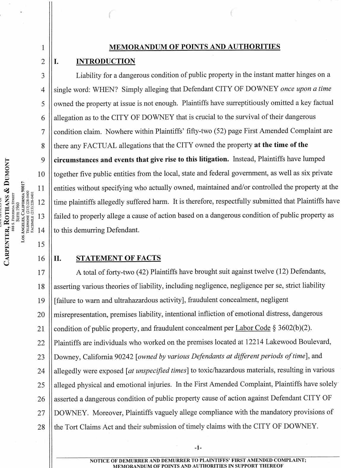 Notice of Demurrer and Demurrer to Plaintiffs' First Amended Complaint by Defendant City of Downey ;Memorandum of Points and Authorities in Support Thereof Case No.: VC046716