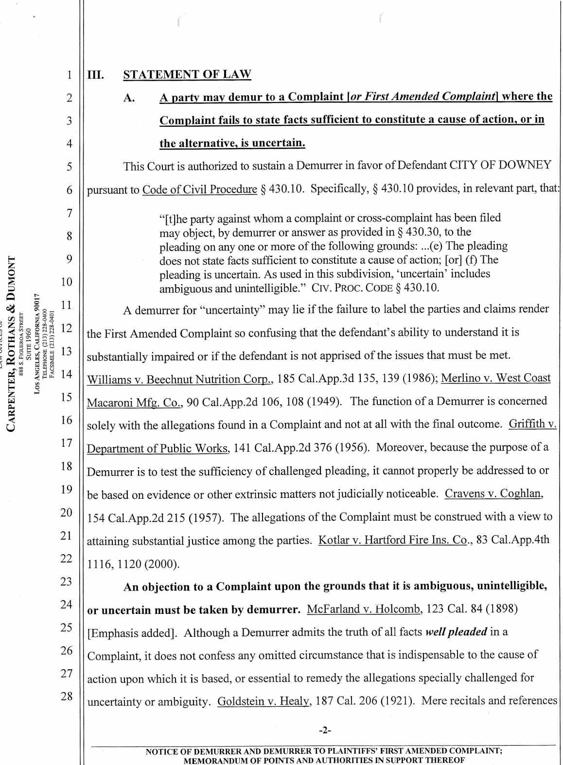 Notice of Demurrer and Demurrer to Plaintiffs' First Amended Complaint by Defendant City of Downey ;Memorandum of Points and Authorities in Support Thereof Case No.: VC046716