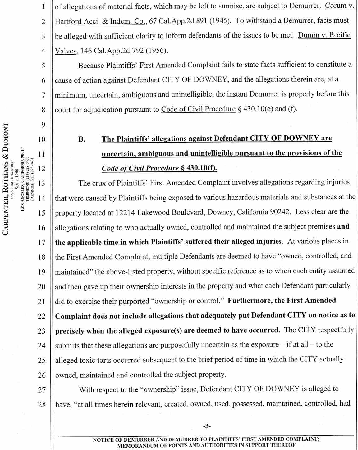 Notice of Demurrer and Demurrer to Plaintiffs' First Amended Complaint by Defendant City of Downey ;Memorandum of Points and Authorities in Support Thereof Case No.: VC046716