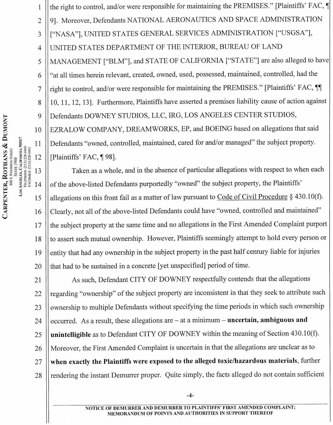 Notice of Demurrer and Demurrer to Plaintiffs' First Amended Complaint by Defendant City of Downey ;Memorandum of Points and Authorities in Support Thereof Case No.: VC046716