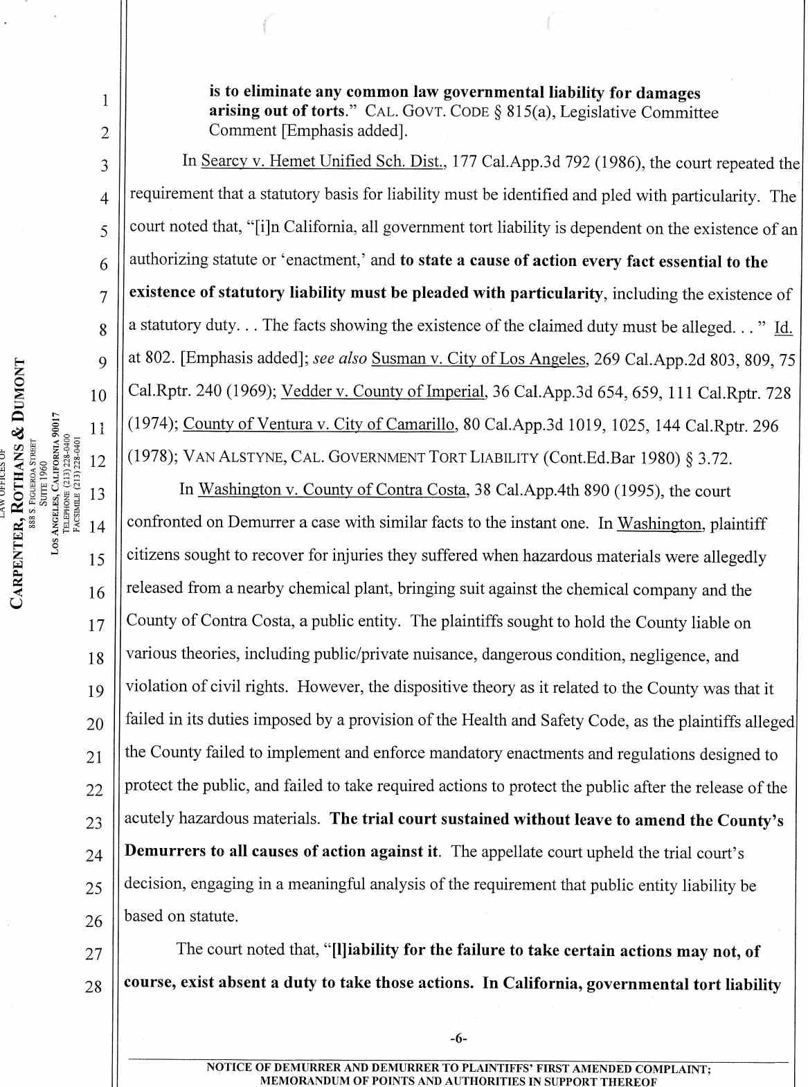 Notice of Demurrer and Demurrer to Plaintiffs' First Amended Complaint by Defendant City of Downey ;Memorandum of Points and Authorities in Support Thereof Case No.: VC046716